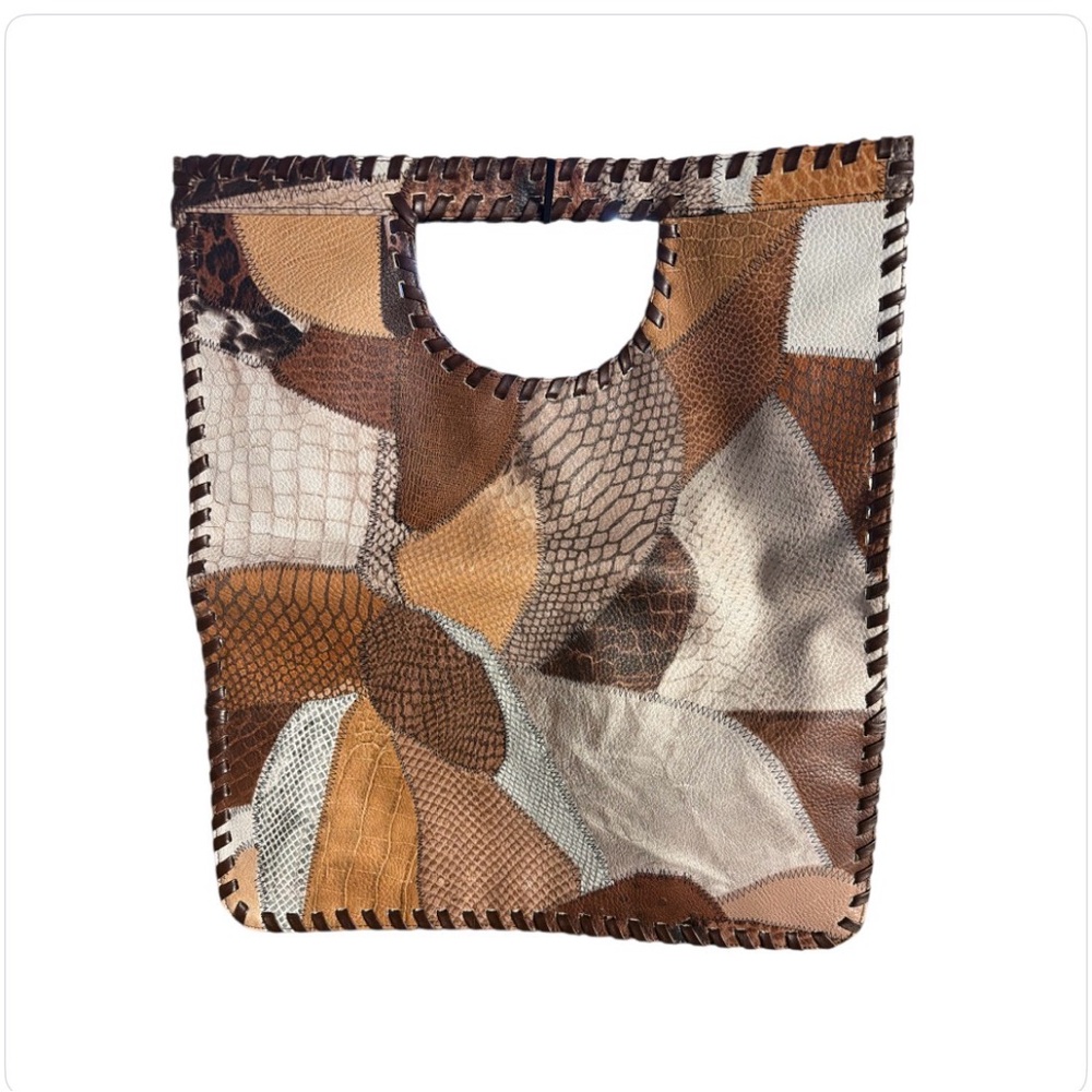 Convertible Boho Tote Clutch | Foldover Bag | Leather Trim Textured Fabric - Picture 2 of 4
